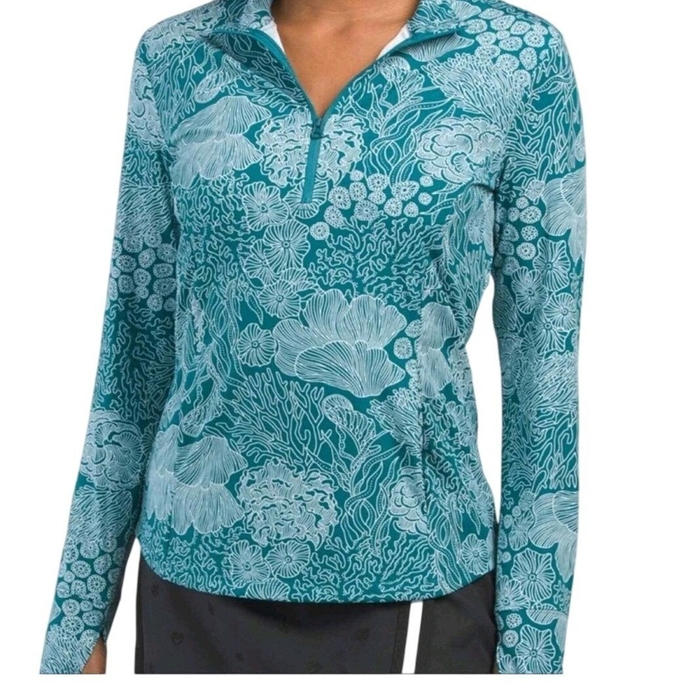 Tommy Bahama Golf 1/4 Quarter Zip Up Pullover Top Teal Sea Coral Women's Size L